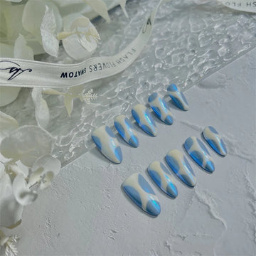 Qfdian 10Pcs Handmade Almond Blue Fake Nails Press On Glitter Full Cover False Nails Wearable Manicure Nail Finished Finger Tips Art